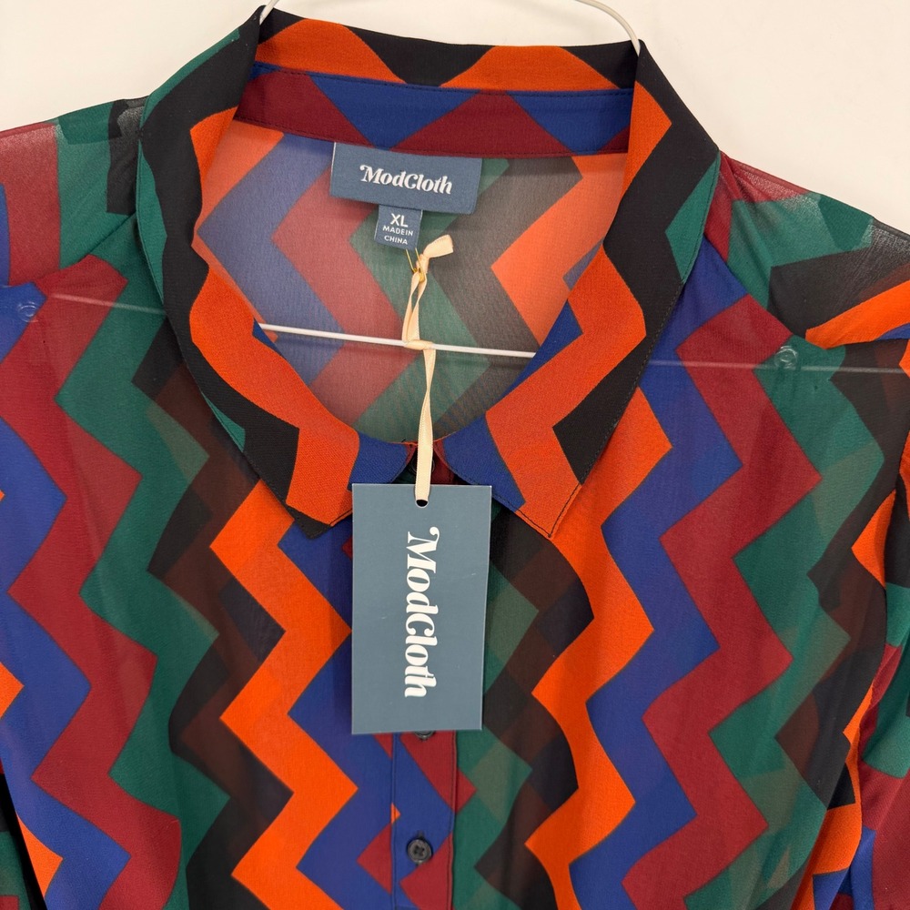ModCloth Chevron Shirt Dress XL Multicolor Zig Zag Retro Long Sleeve Belted NEW - Picture 4 of 14